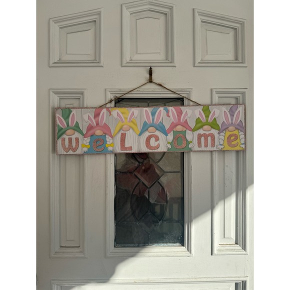 Welcome Easter Bunny Rabbit Gnome Sign Wall Front Door Hanger Home Decor - Picture 1 of 6